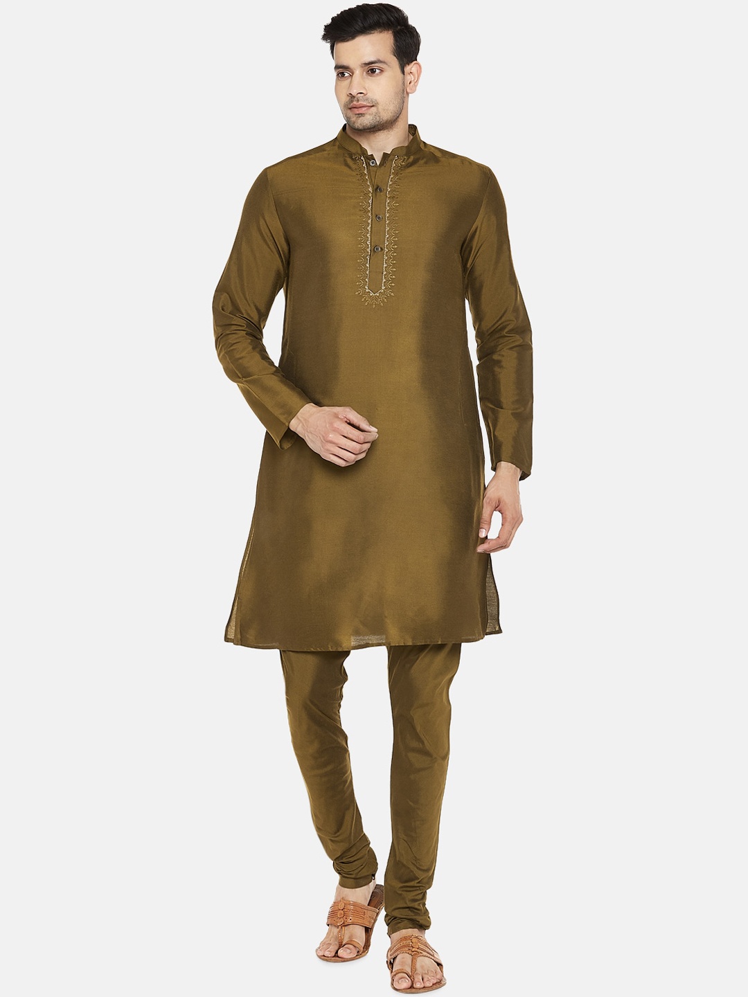 

indus route by Pantaloons Men Olive Green Regular Kurta with Pyjamas