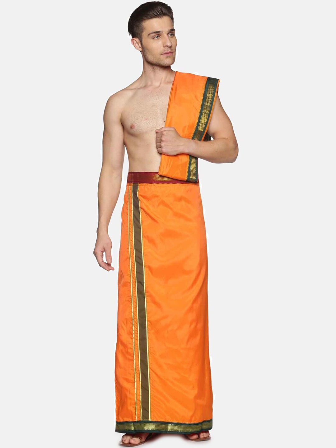 

Sethukrishna Men Orange Readymade Dhoti With Zari Border