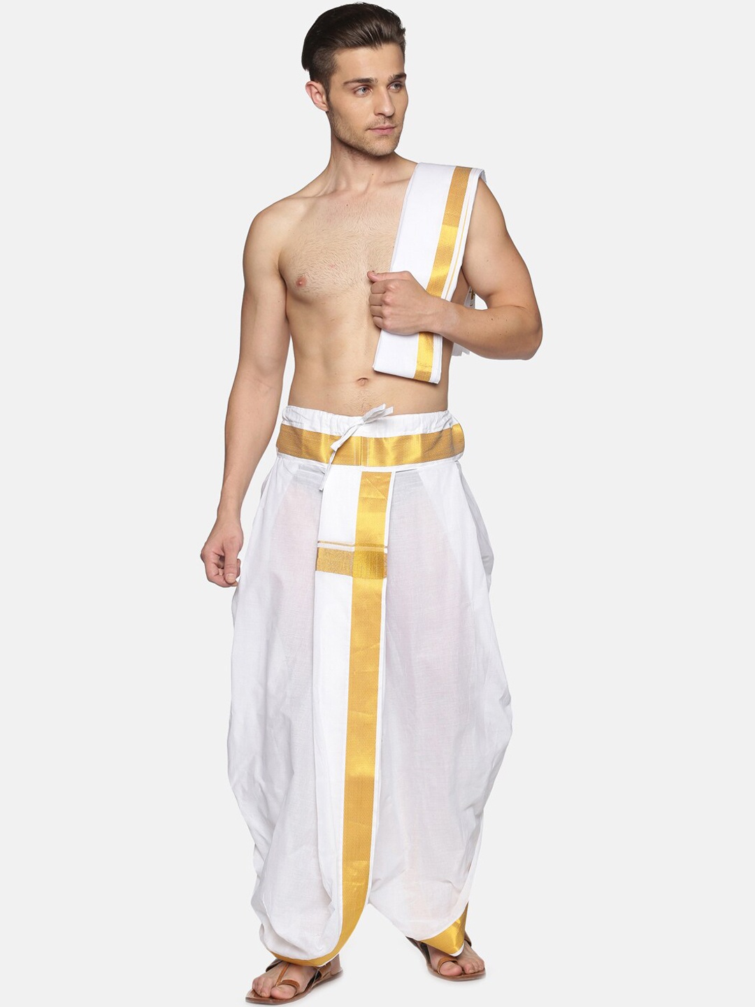 

Sethukrishna Men White & Gold-Toned Solid Ready Made Dhoti Pants