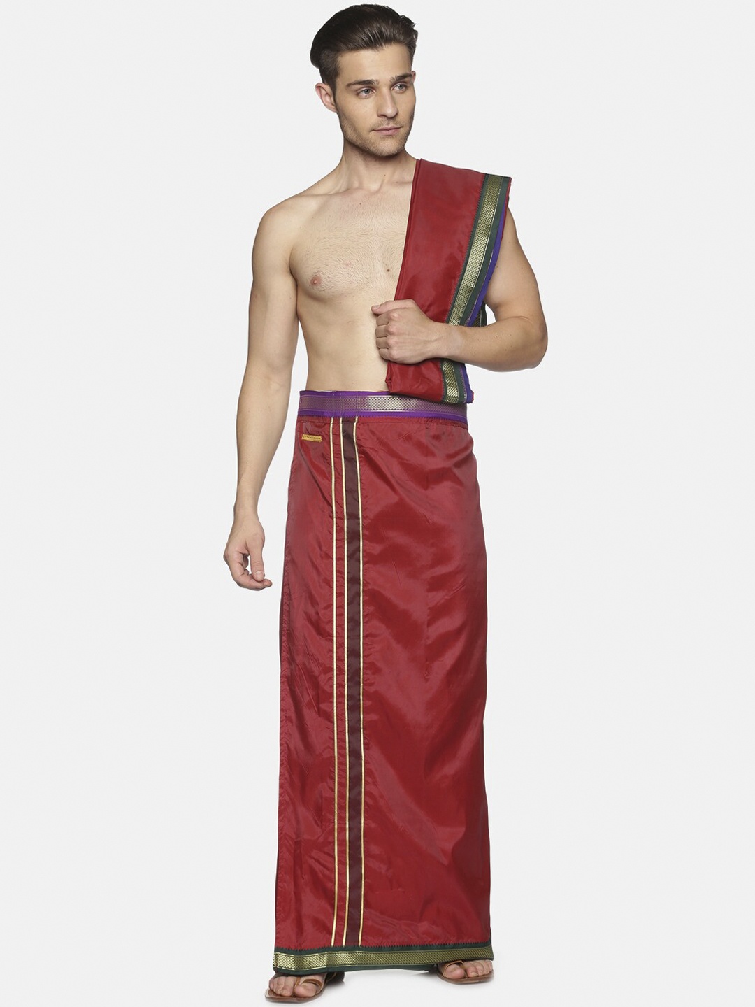 

Sethukrishna Men Maroon Solid Readymade Dhoti With Zari Border