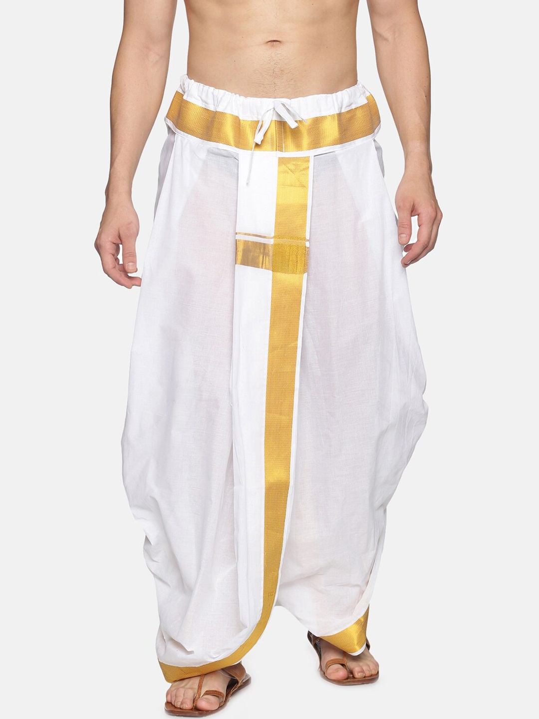 

Sethukrishna Men White & Gold-Coloured Solid Readymade Dhoti Pant