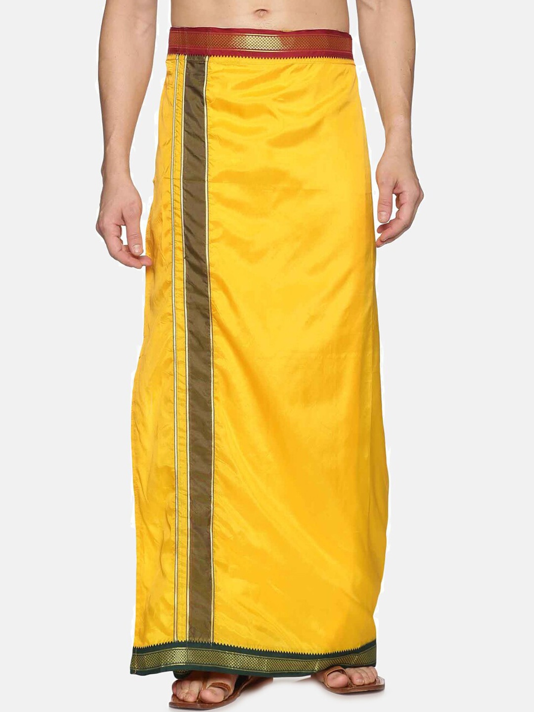 

Sethukrishna Men Yelow Solid Readymade Dhoti With Zari Border, Yellow