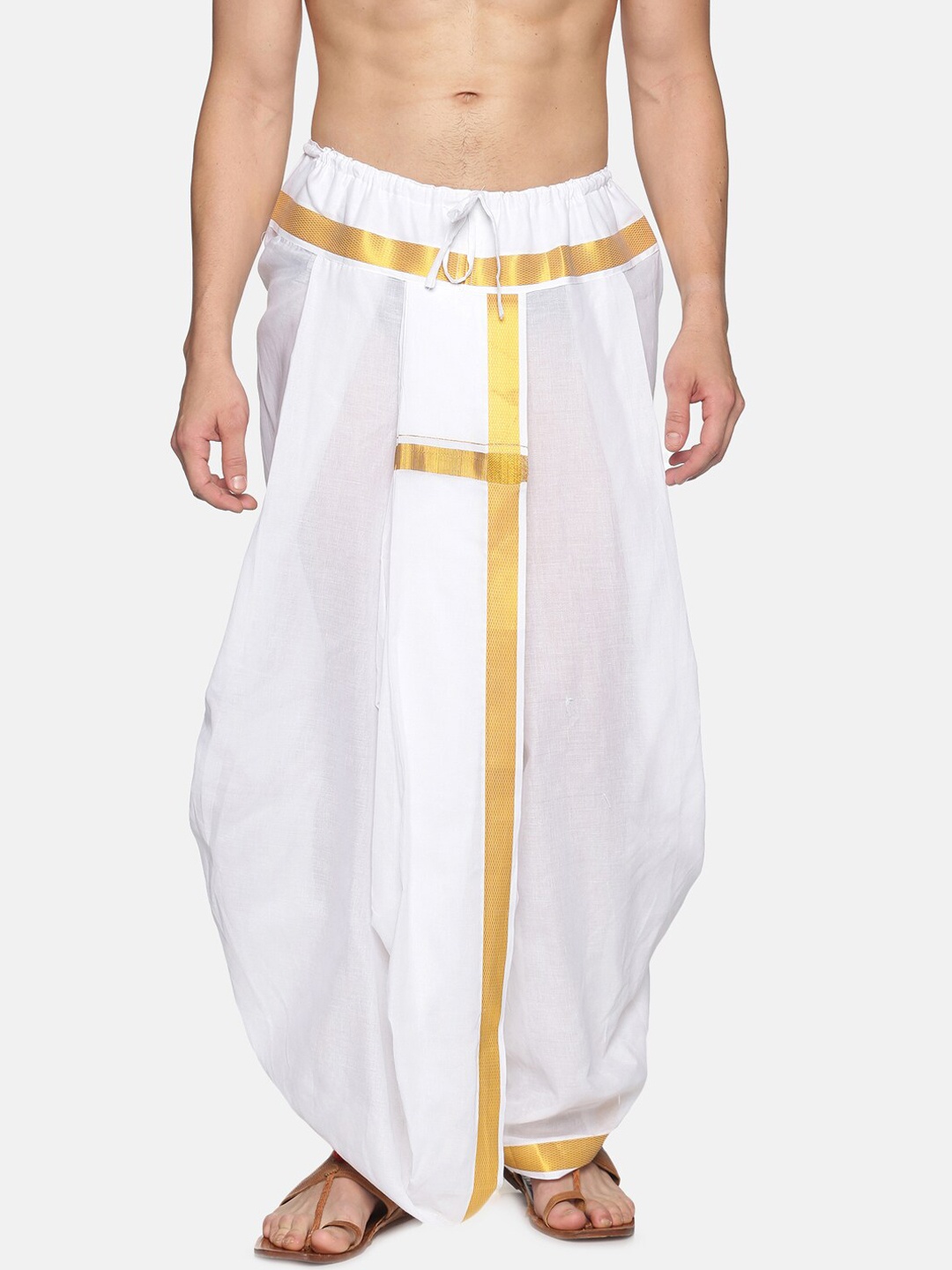 

Sethukrishna Men White & Gold-Coloured Solid Readymade Dhoti Pant