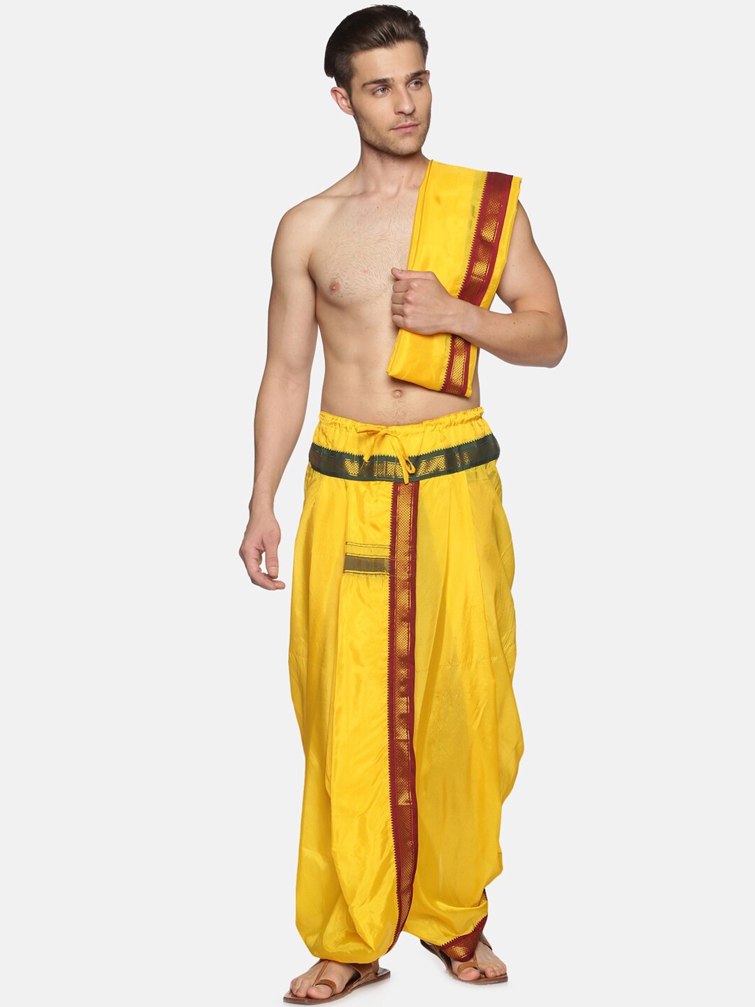 

Sethukrishna Men Yellow & Green Solid Dhoti Pant With Zari Border