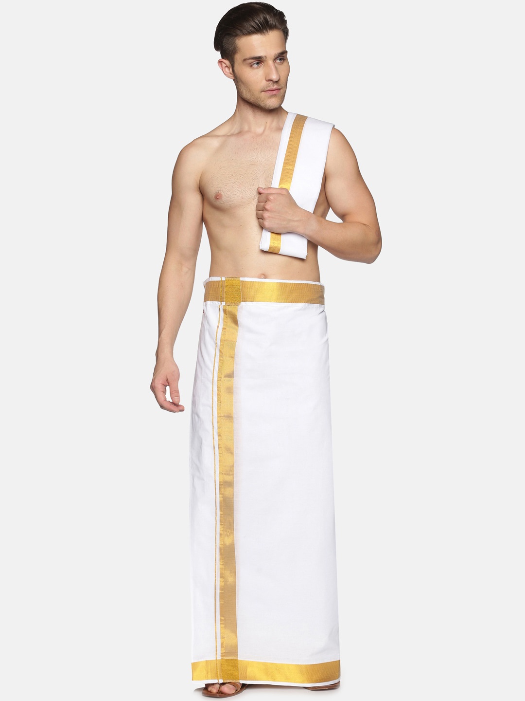 

Sethukrishna Men White & Golden-Toned Readymade Dhoti With Zari Border