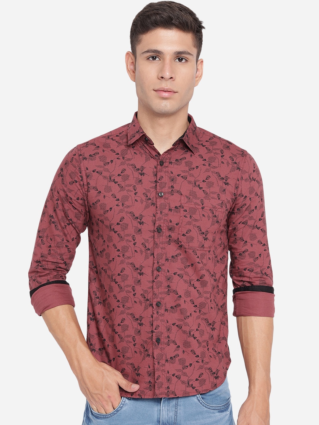 

Greenfibre Men Maroon Slim Fit Floral Opaque Printed Cotton Casual Shirt
