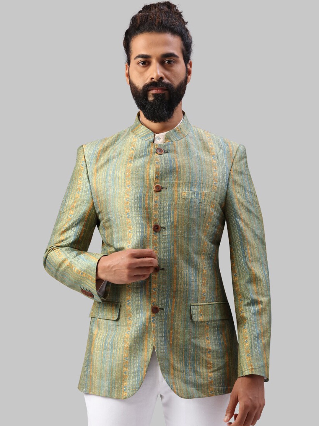 

Raymond Men Green & Yellow Self Design Bandhgala Blazer
