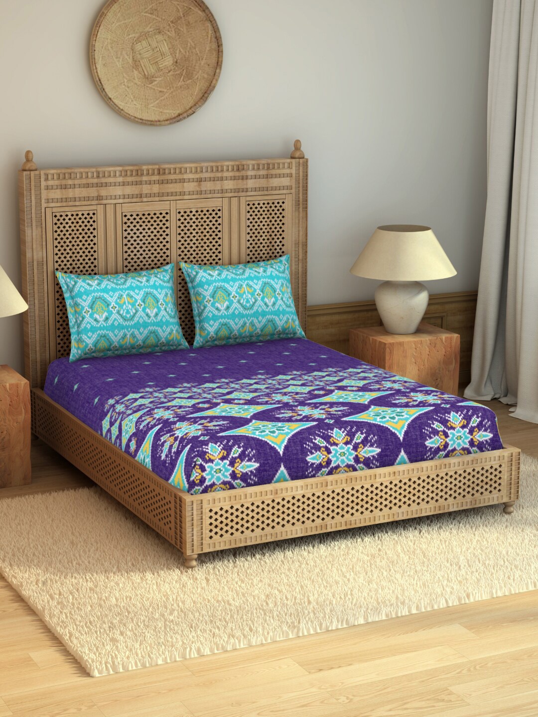 

SPACES Rangana Nalgona Violet & Turquoise Blue Ethnic Motifs 210 TC King Bedsheet with 2 Pillow Covers