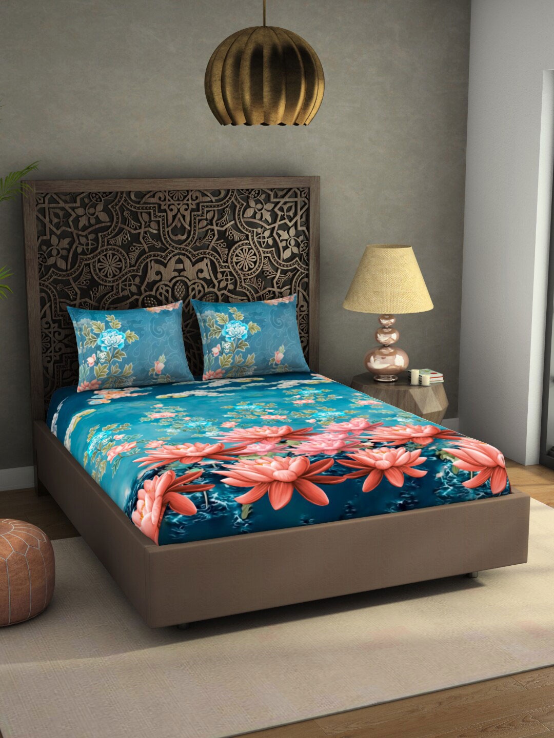 

SPACES Rangana Niyama Teal Blue & Brown Floral 300 TC Pure Cotton King Bedsheet with 2 Pillow Covers