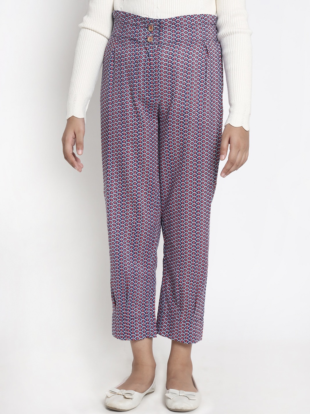 

Natilene Girls Blue Printed Loose Fit High-Rise Pleated Trousers