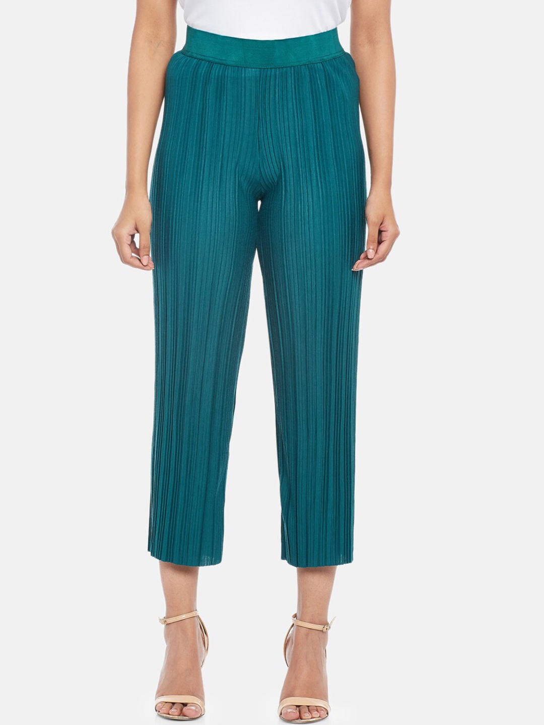 

Honey by Pantaloons Women Accordian Pleated Teal Trousers