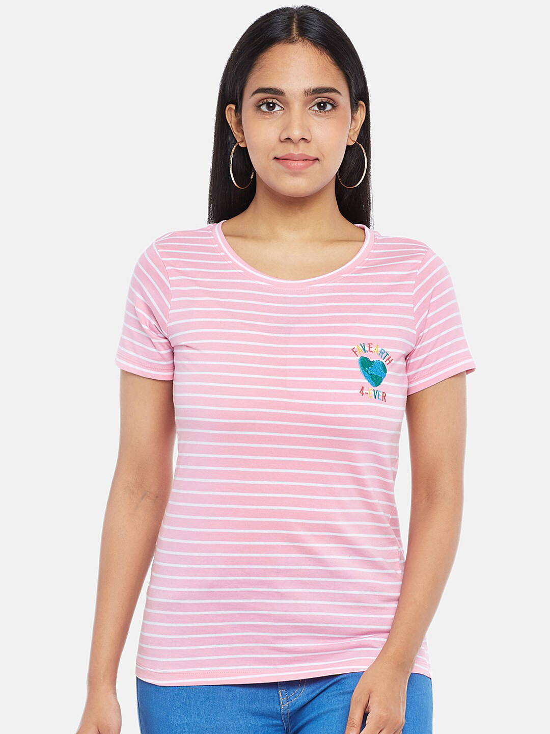 

Honey by Pantaloons Women Pink Striped High Neck T-shirt