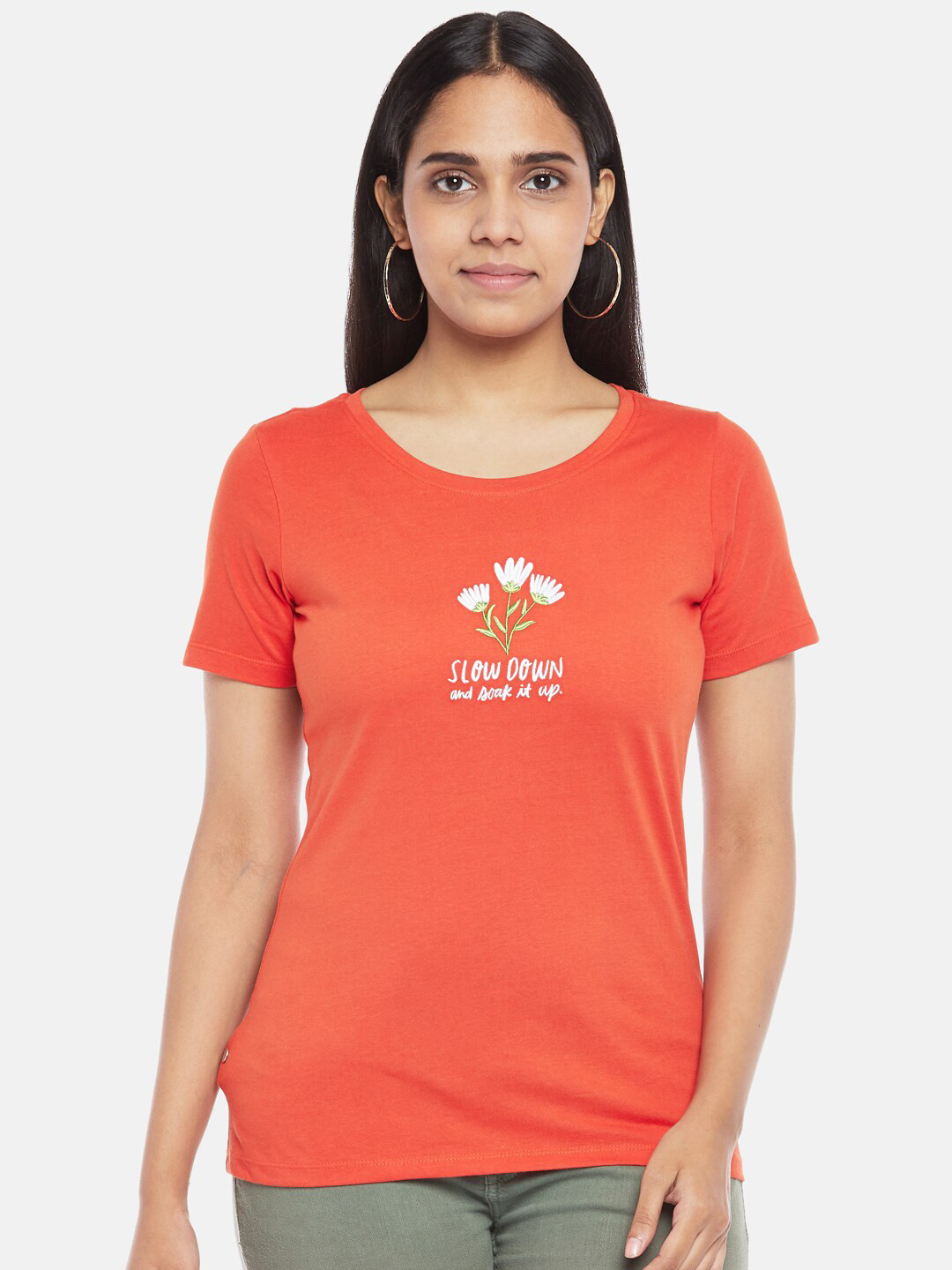 

Honey by Pantaloons Women Red & White Typography Printed Cotton T-shirt