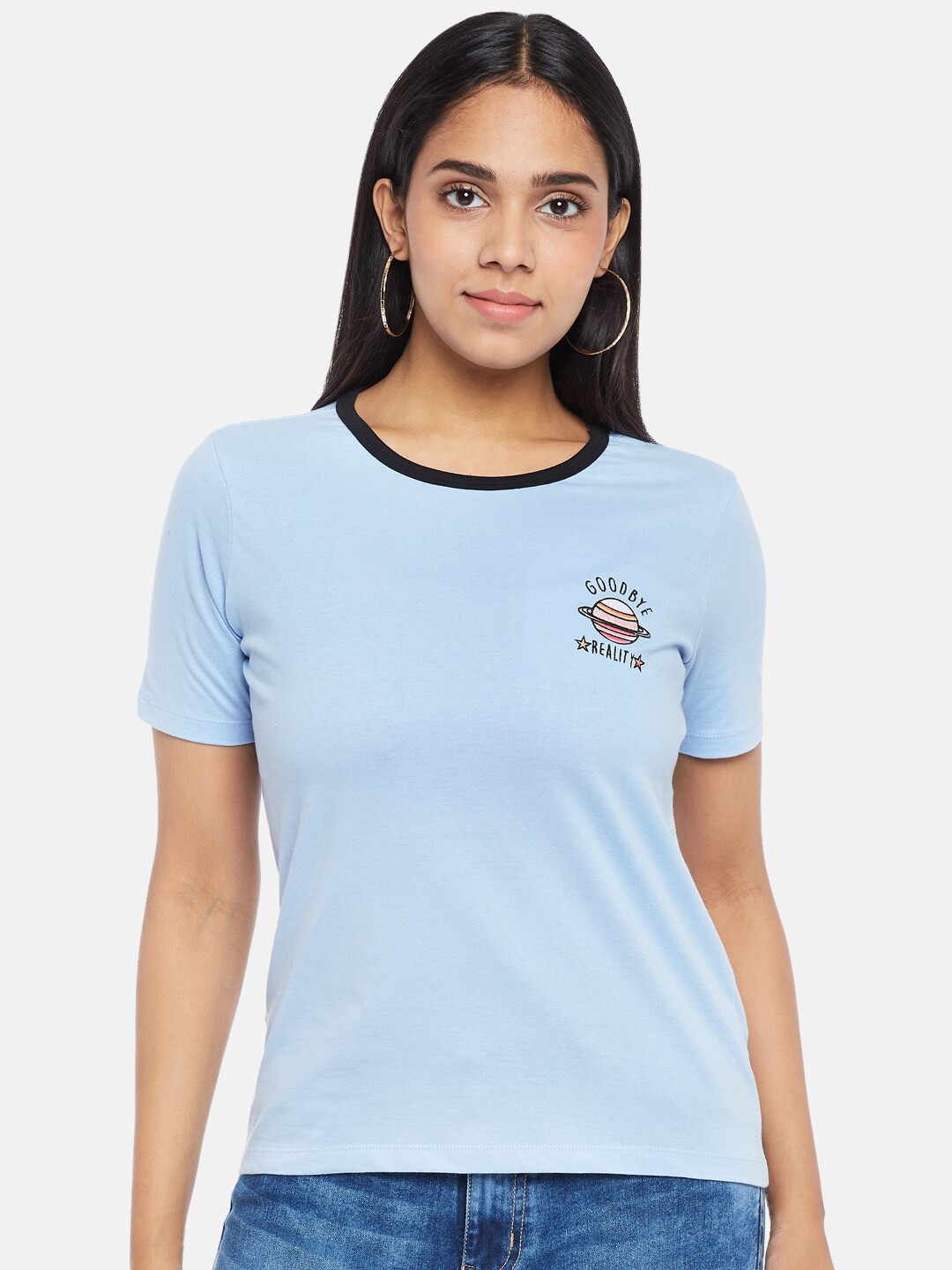 

Honey by Pantaloons Women Blue & Black Solid T-shirt