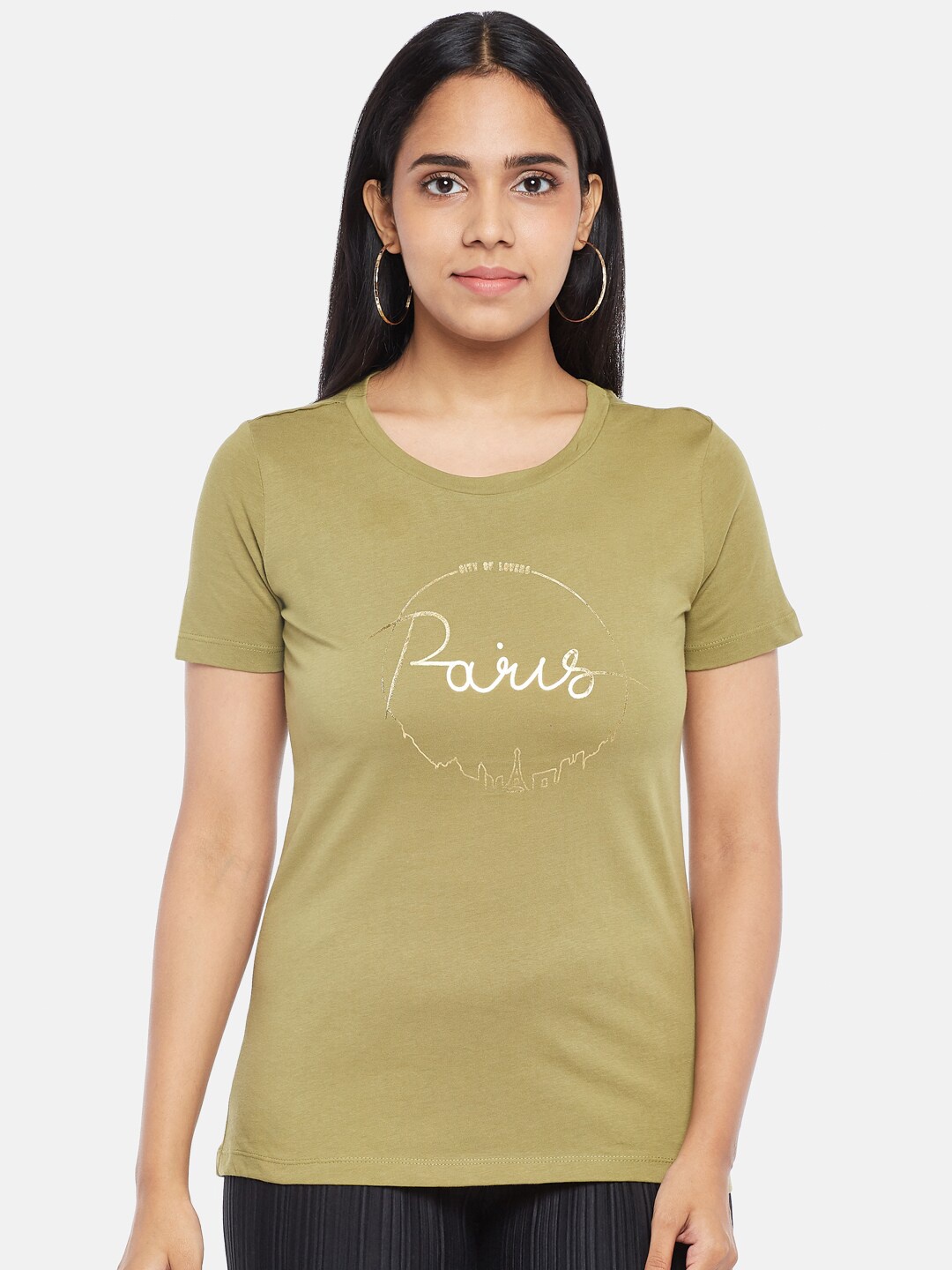

Honey by Pantaloons Women Olive Green Typography Printed T-shirt