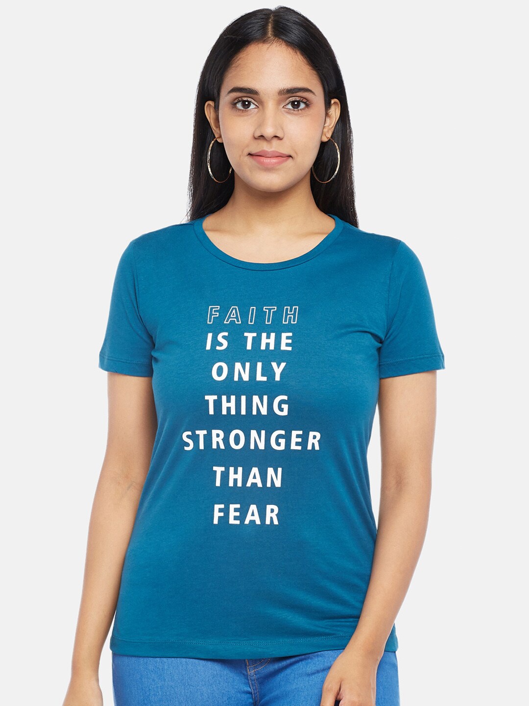 

Honey by Pantaloons Women Teal Blue Typography Printed Pure Cotton T-shirt