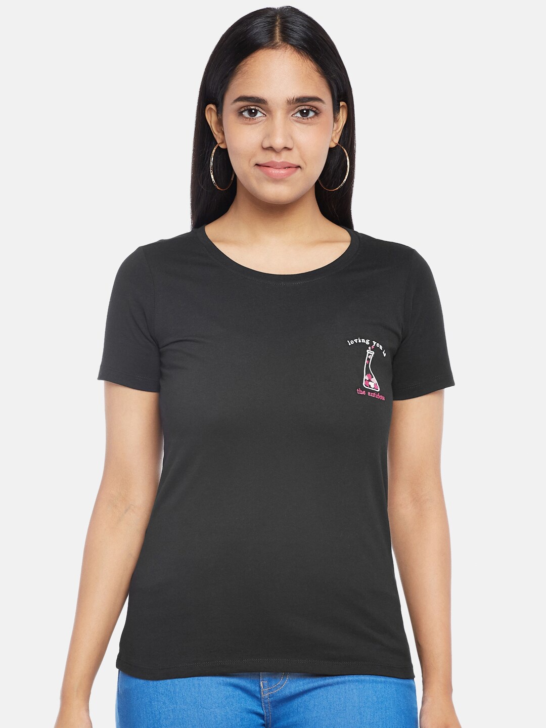 

Honey by Pantaloons Women Black Pure Cotton T-shirt