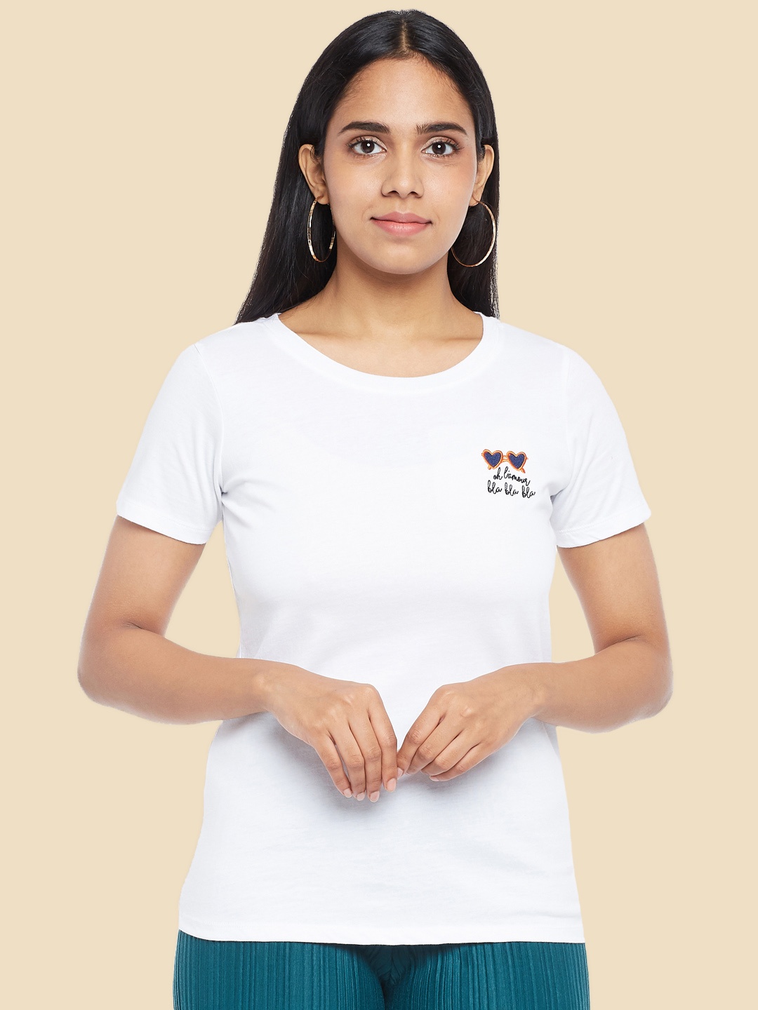 

Honey by Pantaloons Women White Pure Cotton T-shirt