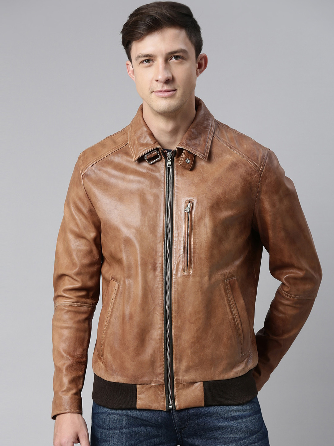 

MONOCHROME Men Tan Brown Lightweight Leather Jacket