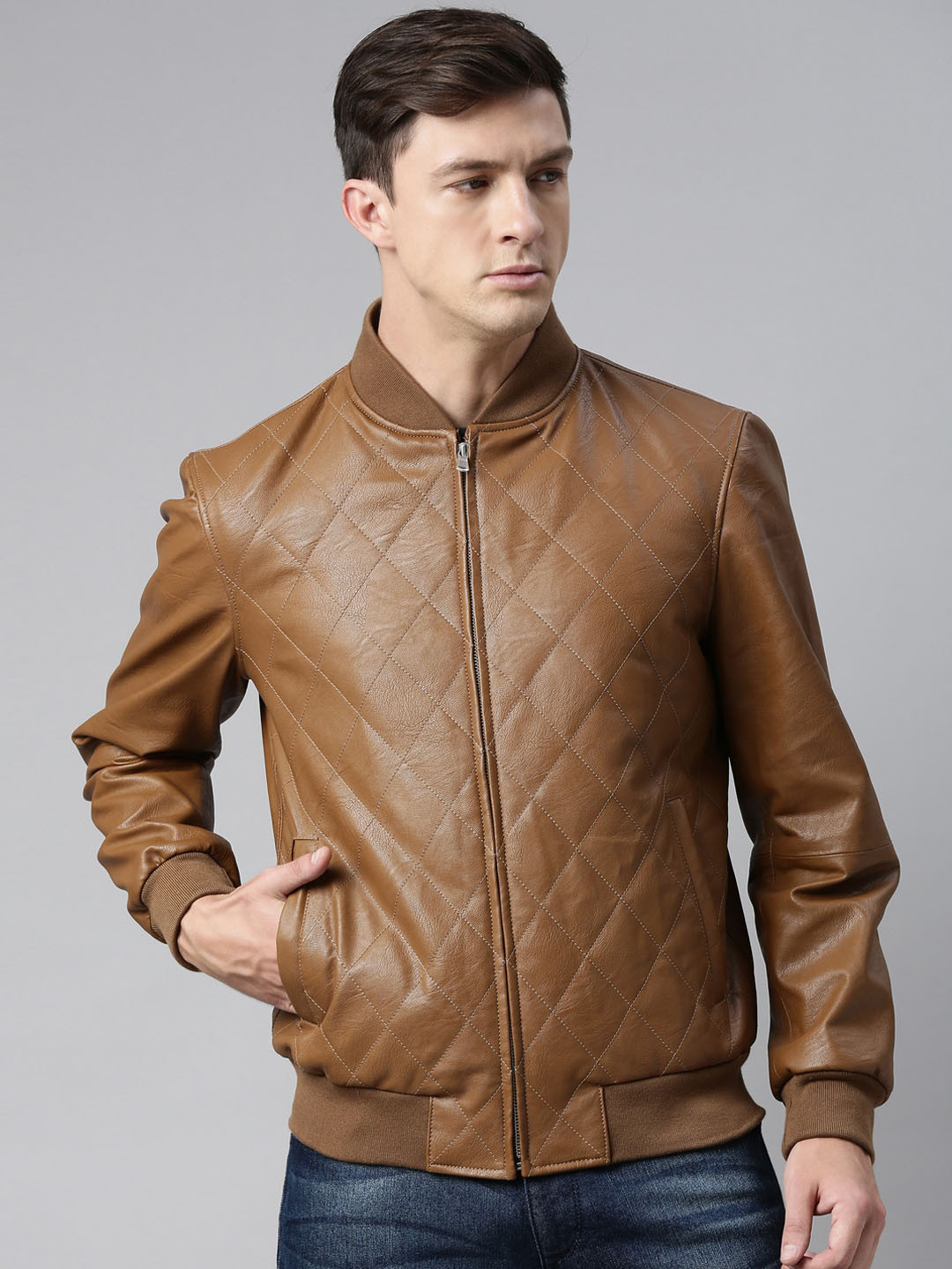 

MONOCHROME Men Tan Leather Lightweight Bomber Jacket