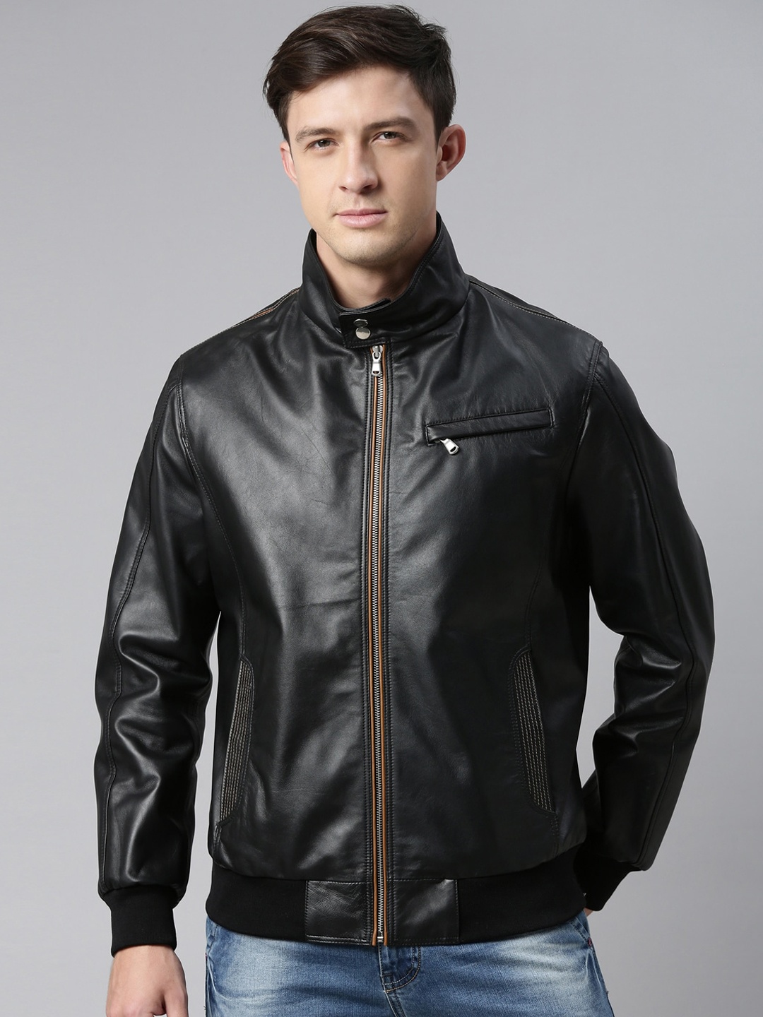 

MONOCHROME Men Black Leather Lightweight Biker Jacket