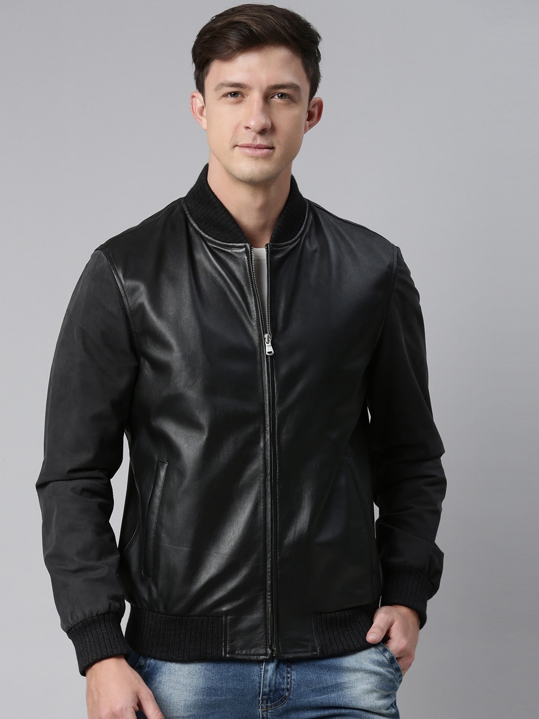 

MONOCHROME Men Black Leather Lightweight Bomber Jacket