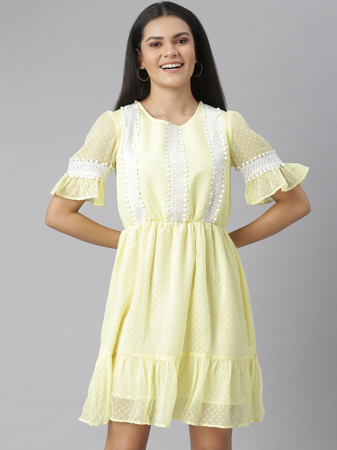 

StyleStone Yellow & White Lace Insets Chiffon Dress