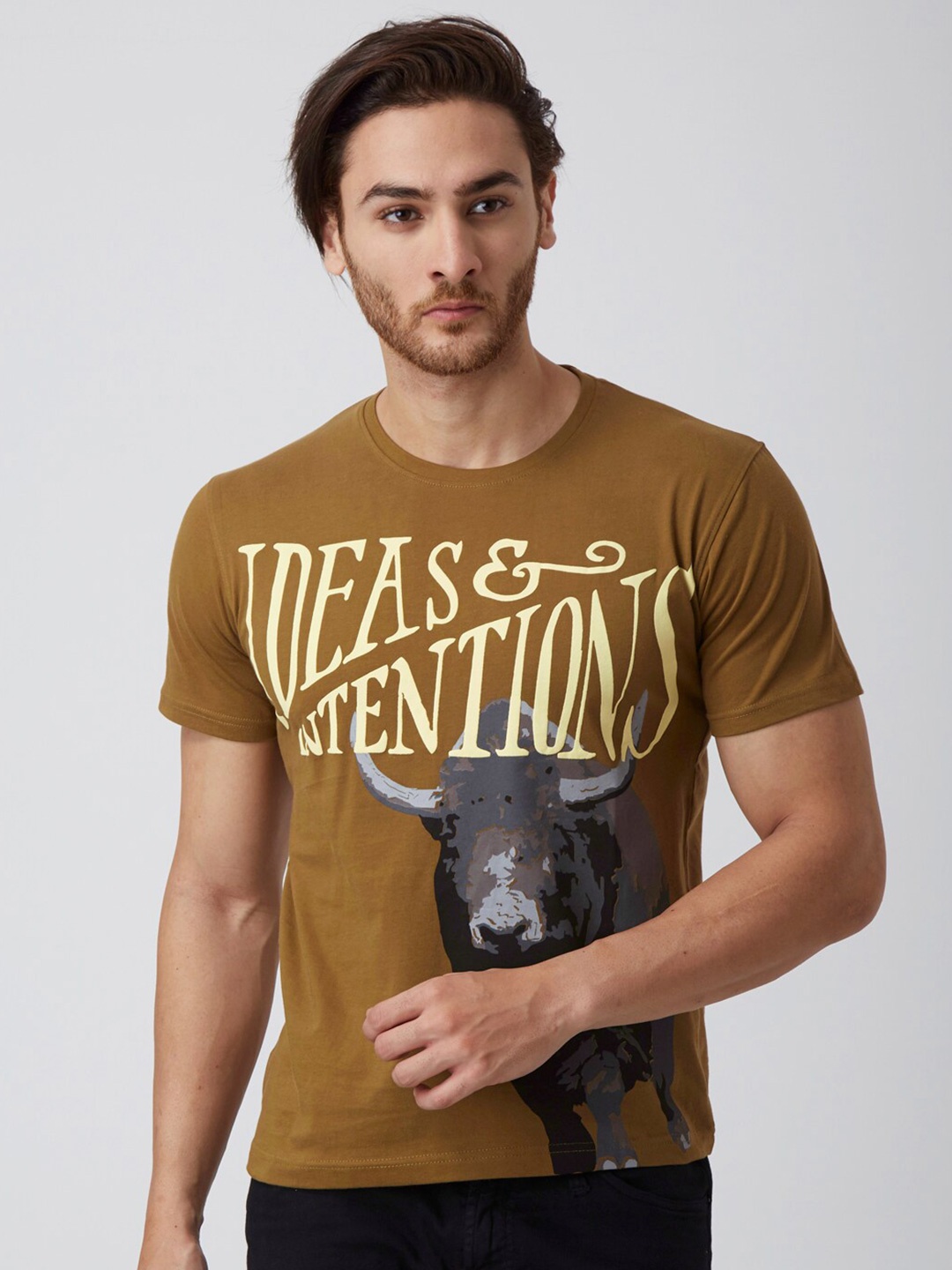 YAK Men Khaki Typography Printed Pockets Slim Fit T-shirt