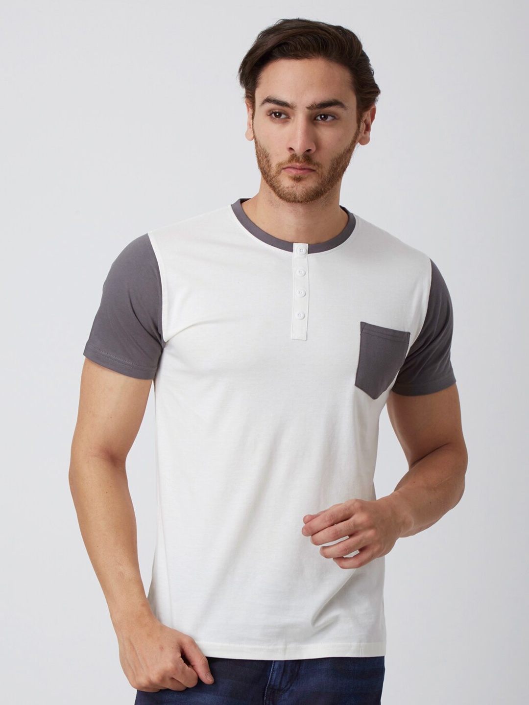 

YAK Men White & Grey Henley Neck Pockets Slim Fit Cotton T-shirt