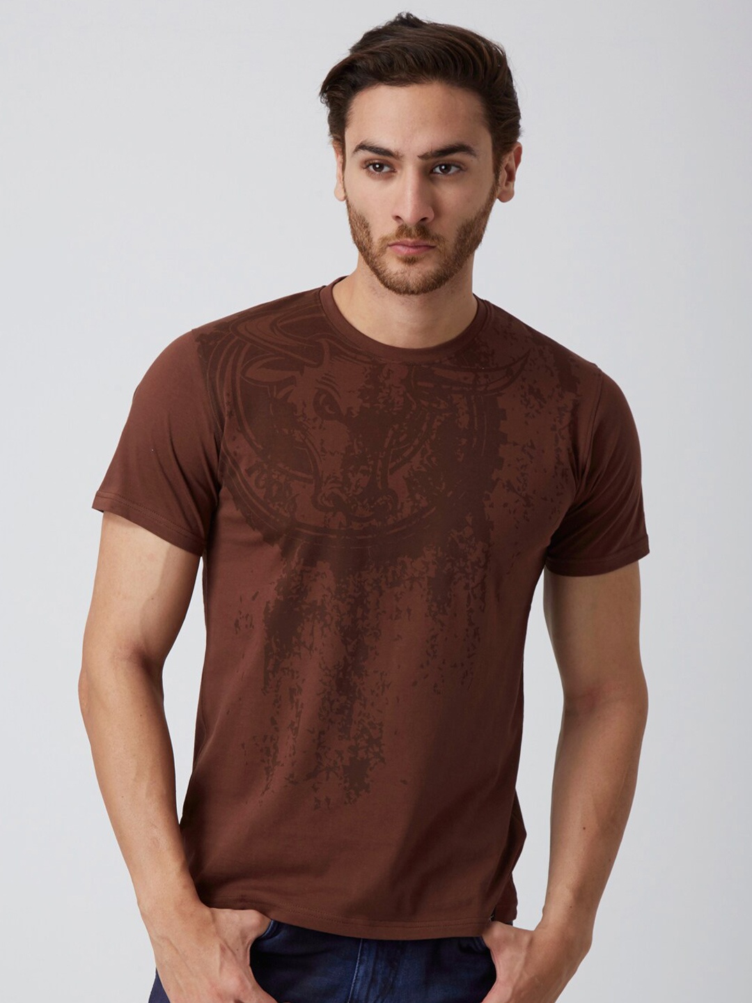 

YAK Men Brown Pure Cotton Printed Slim Fit Cotton Pure Cotton T-shirt