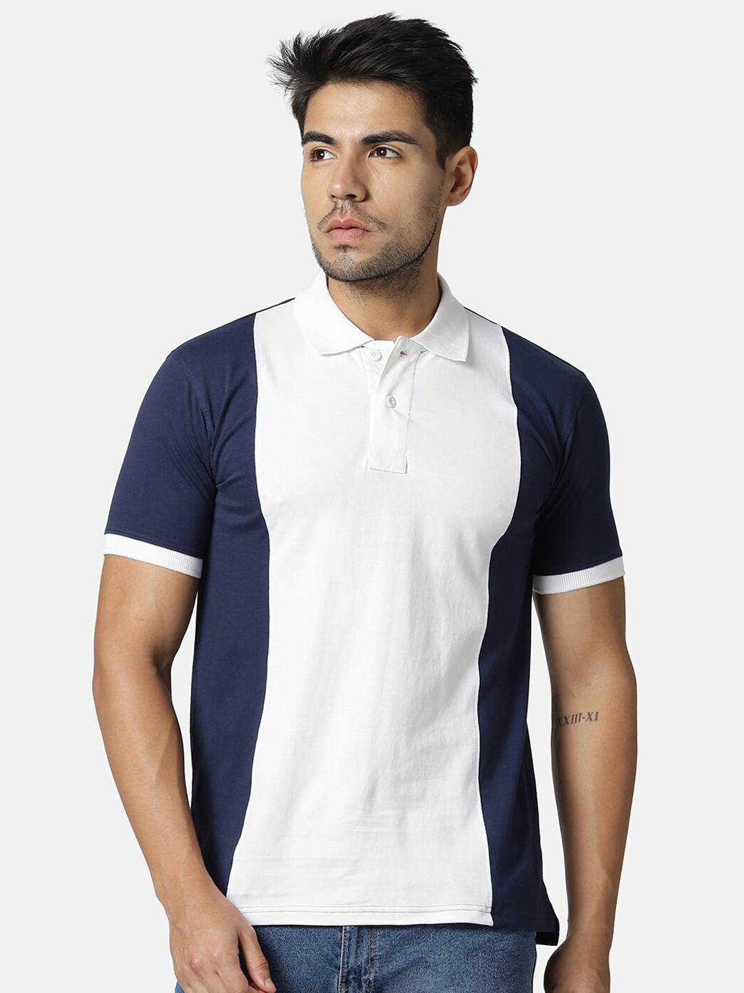 

YAK Men Navy Blue & White Colourblocked Polo Collar Slim Fit T-shirt