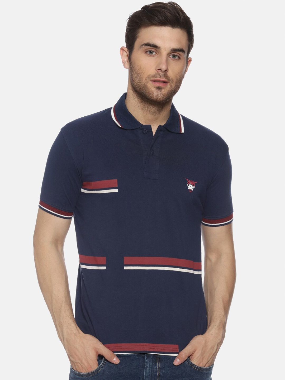 

YAK Men Navy Blue Striped Polo Collar Cotton Slim Fit Pure Cotton T-shirt