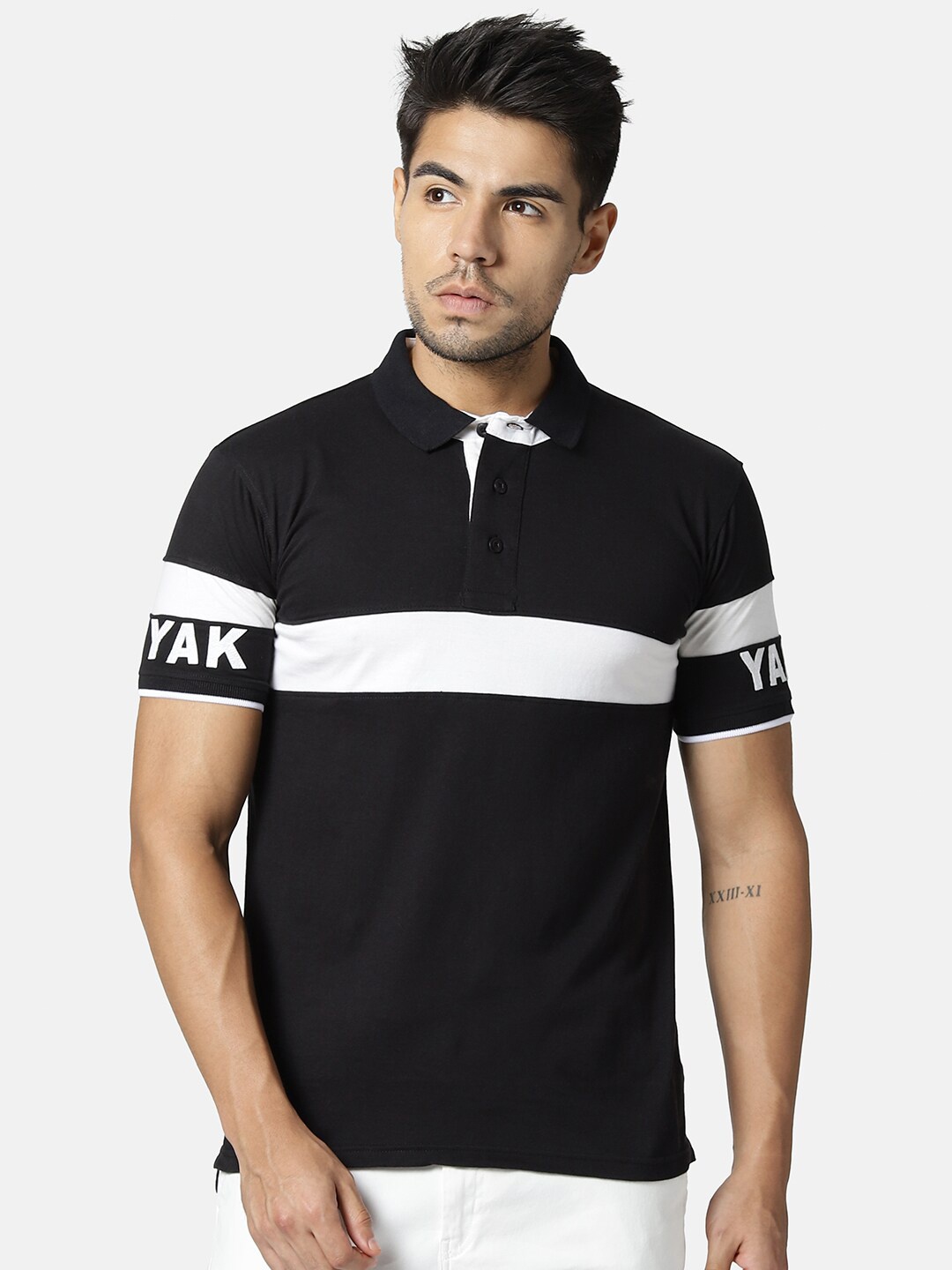 

YAK Men Black White Colourblocked Polo Collar Slim Fit Pure Cotton T-shirt