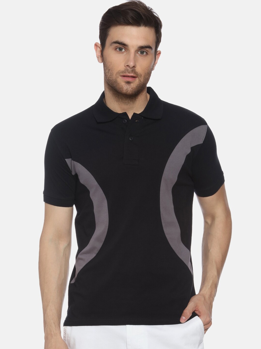 

YAK Men Black Polo Collar Slim Fit T-shirt