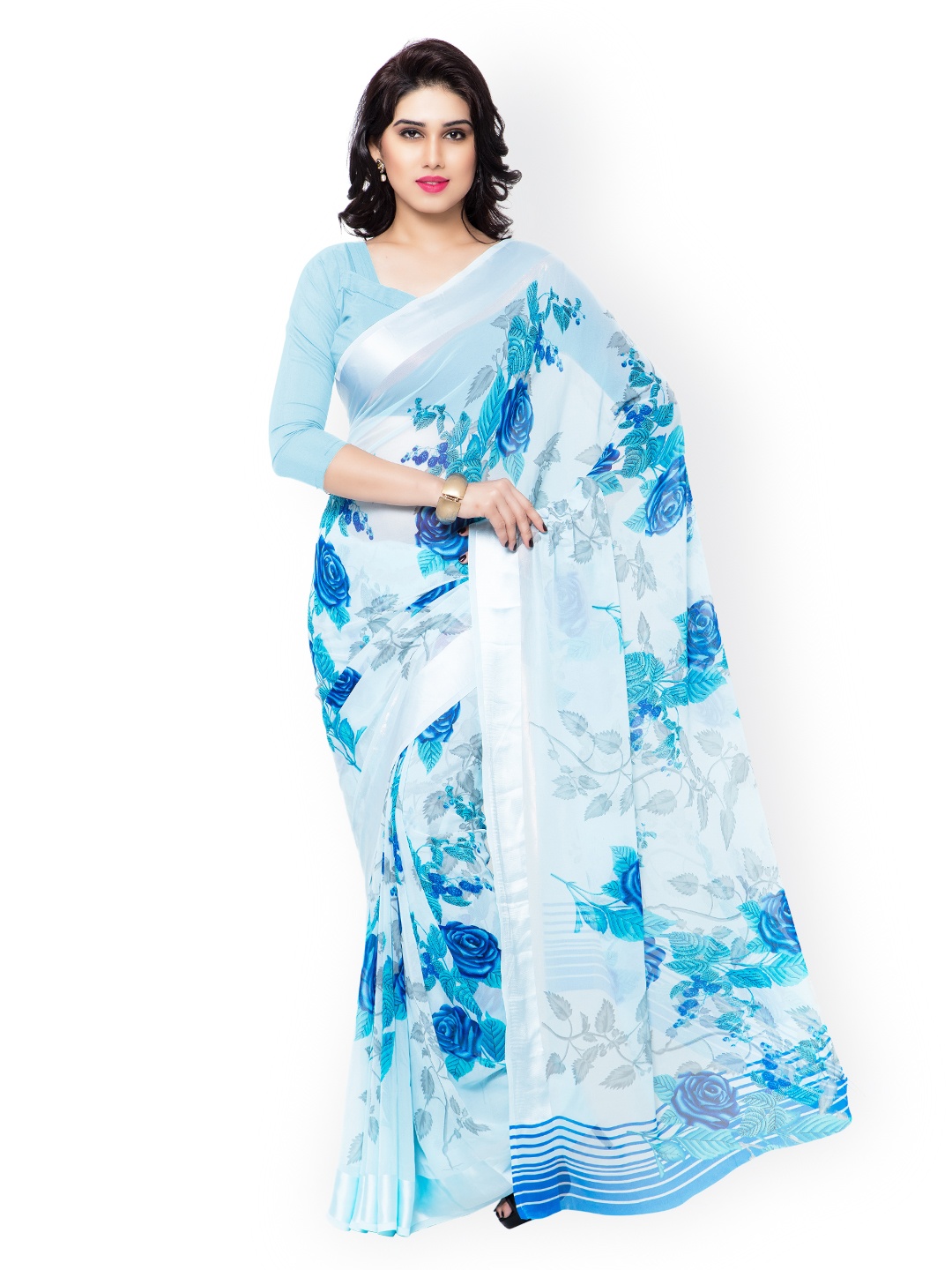 

Kalista Blue Georgette Floral Print Saree