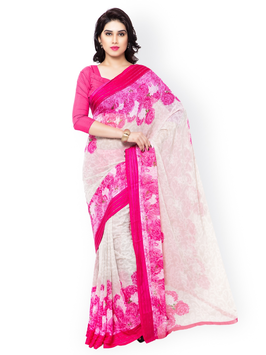 

Kalista Pink & Off-White Georgette Floral Print Saree