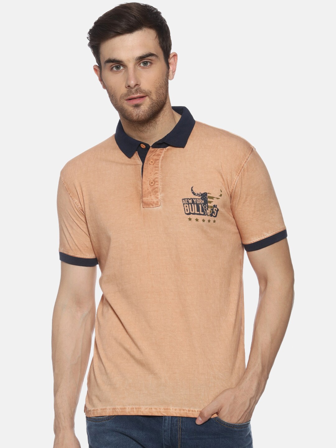 YAK Men Peach-Coloured Printed Cotton Polo Collar Slim Fit Pure Cotton T-shirt