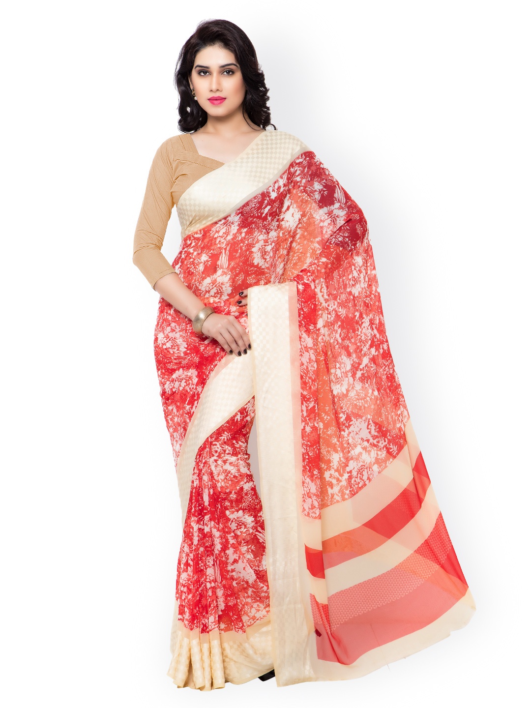 

Kalista Red & Beige Georgette Floral Print Saree