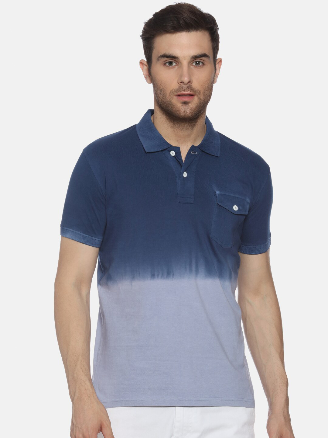 

YAK Men Navy Blue Dyed Polo Collar Pockets Slim Fit Cotton T-shirt