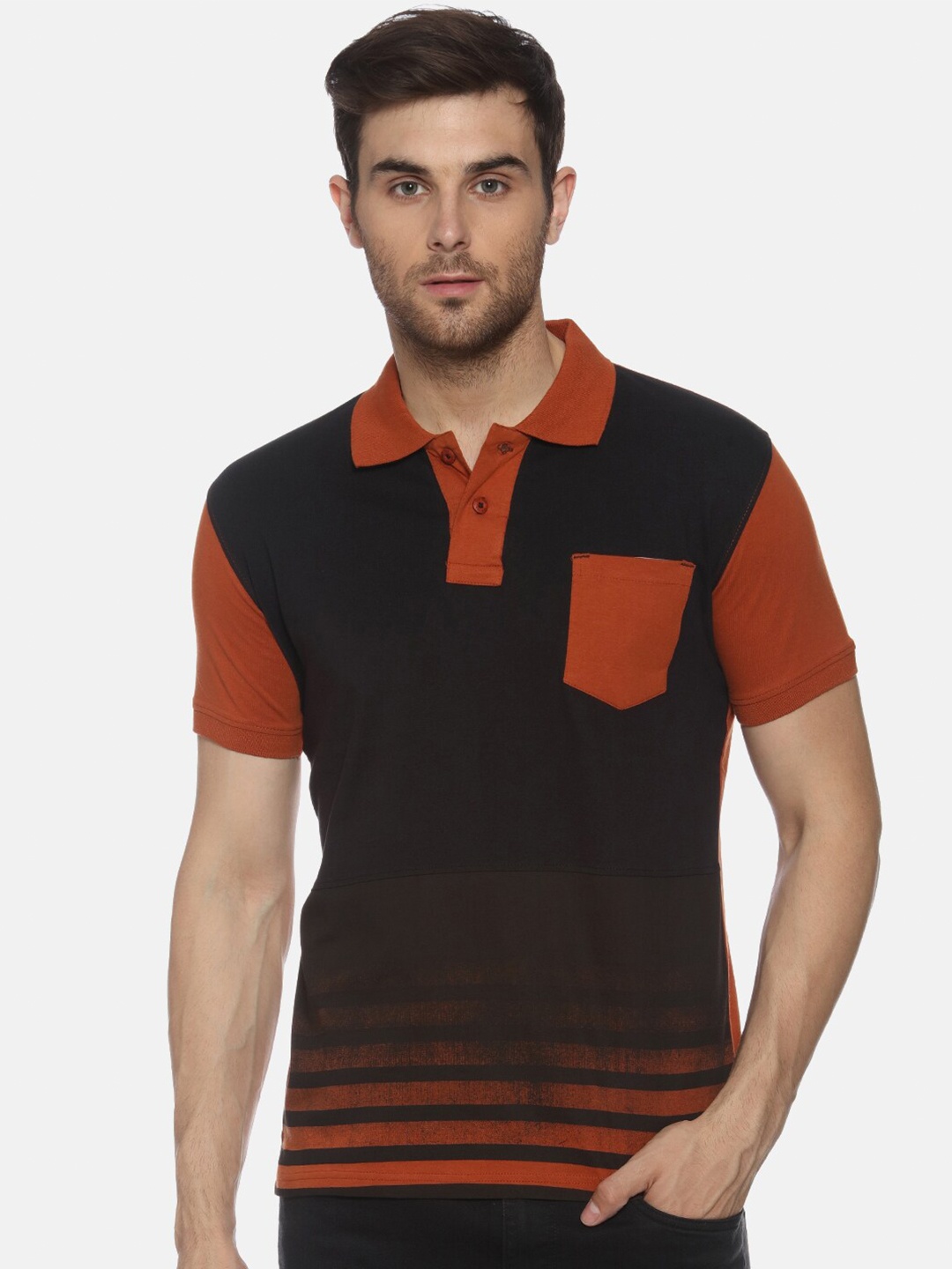 

YAK Men Rust & Black Colourblocked Polo Collar Slim Fit T-shirt