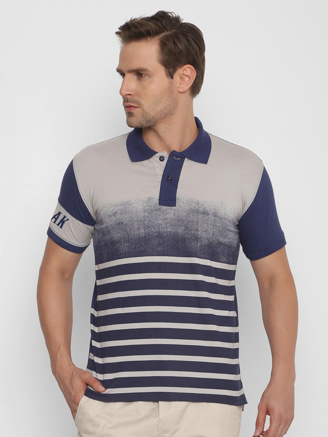 

YAK Men Navy Blue Grey Striped Polo Collar Pure Cotton Slim Fit Pure Cotton T-shirt
