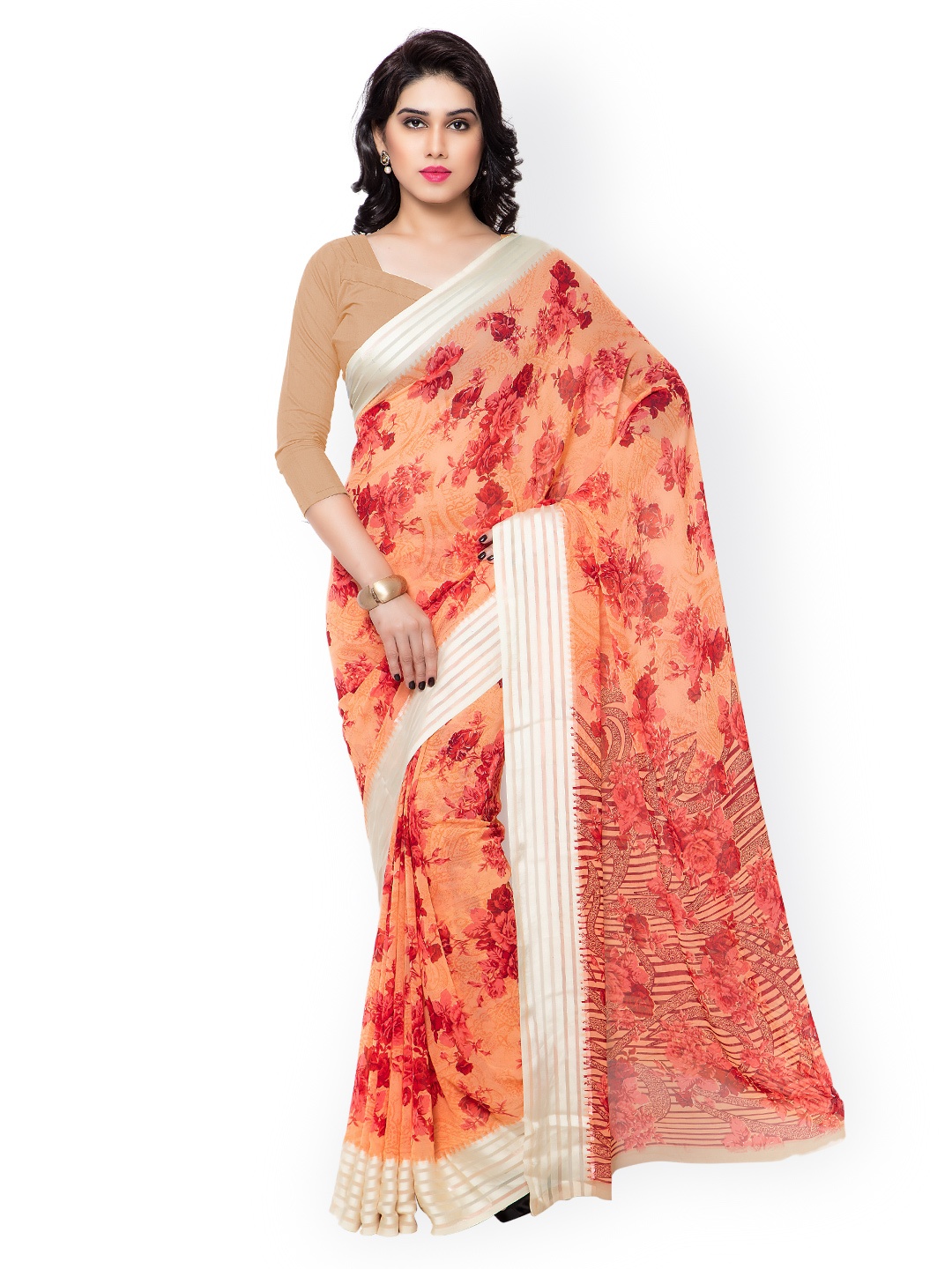 

Kalista Red & Orange Georgette Floral Print Saree