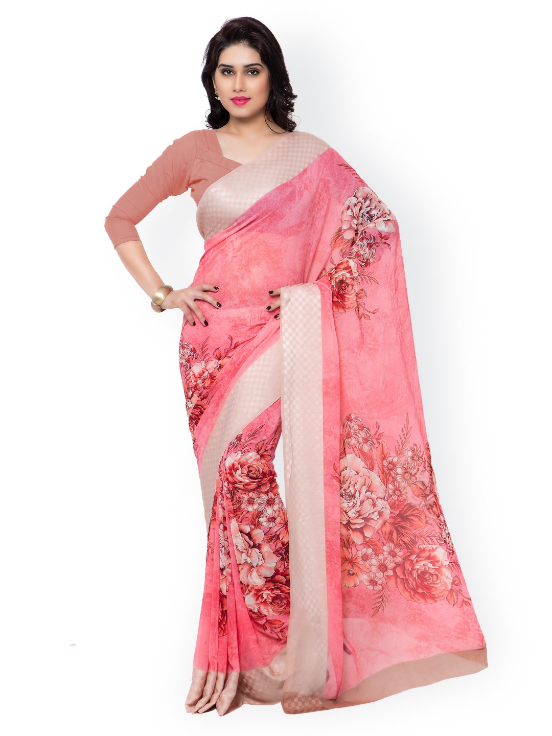 

Kalista Pink Georgette Floral Print Saree