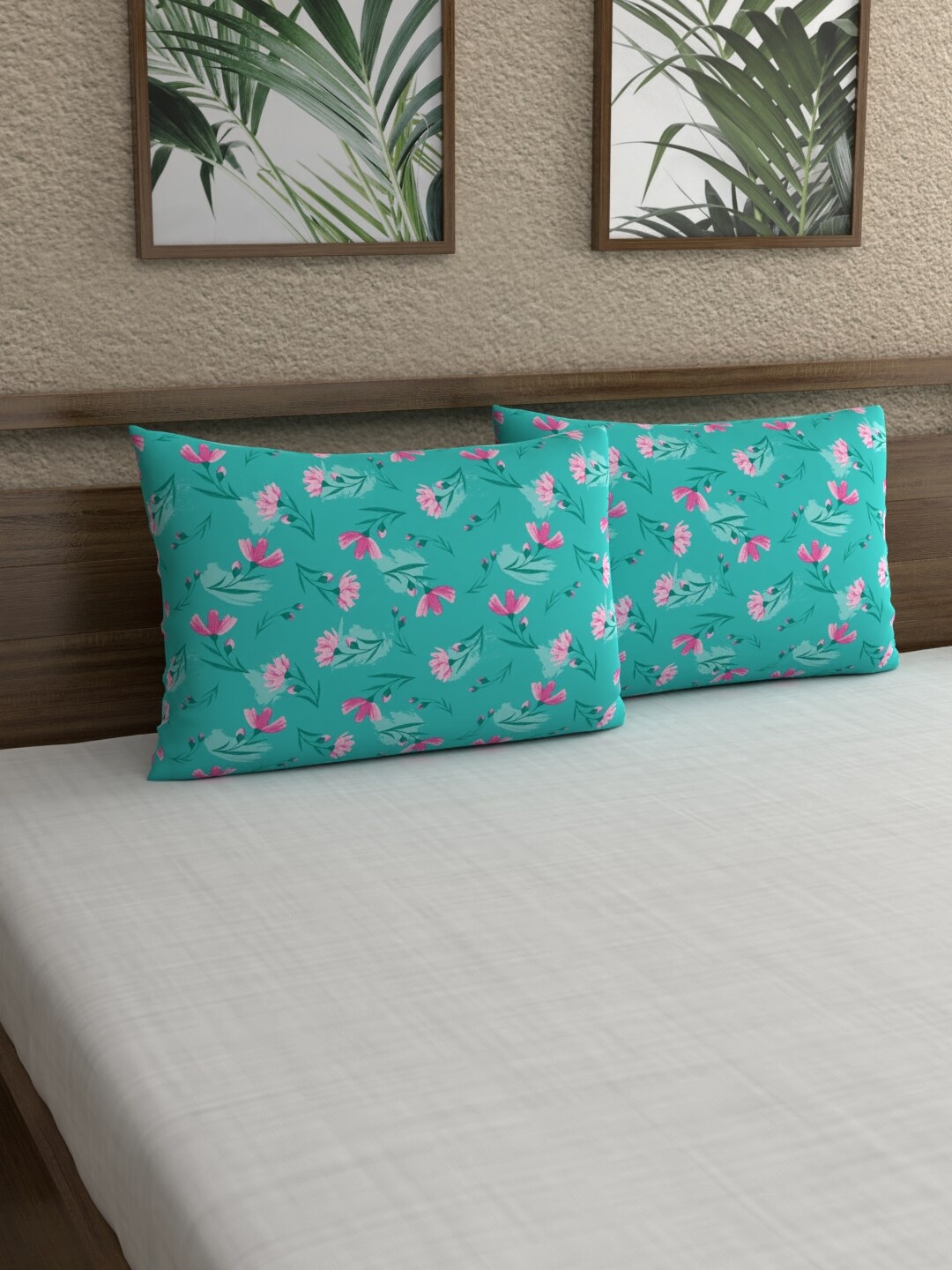 

Dreamscape Set Of 2 Blue & Pink Printed 144 TC Cotton Pillow Covers
