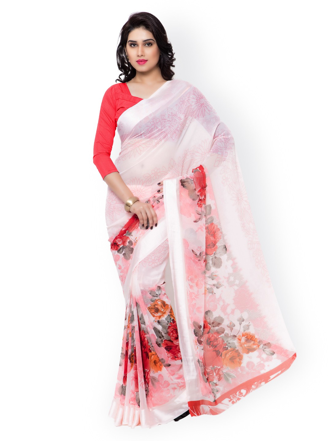 

Kalista Red & White Georgette Floral Print Saree