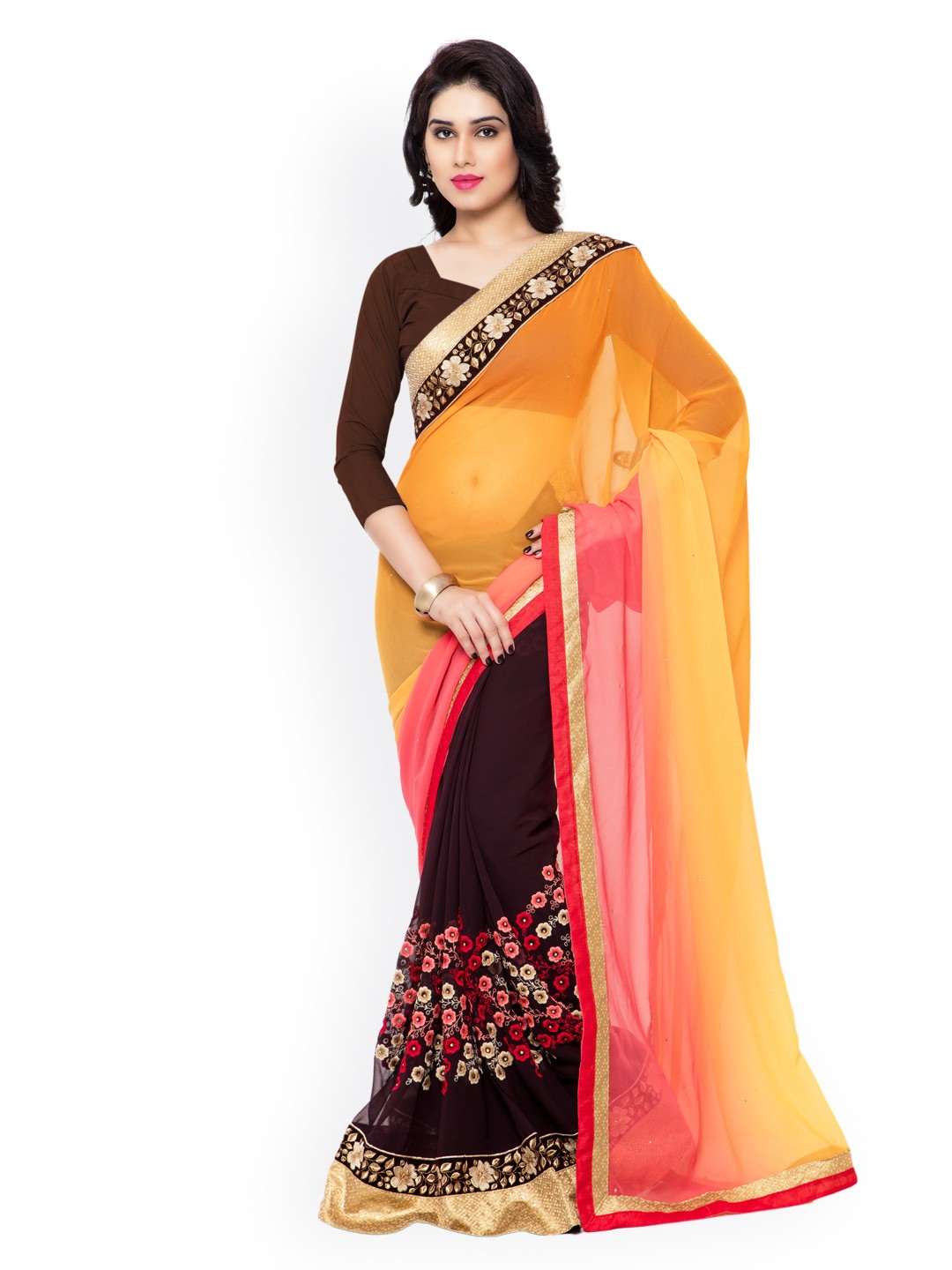

Kalista Yellow & Brown Embroidered Saree