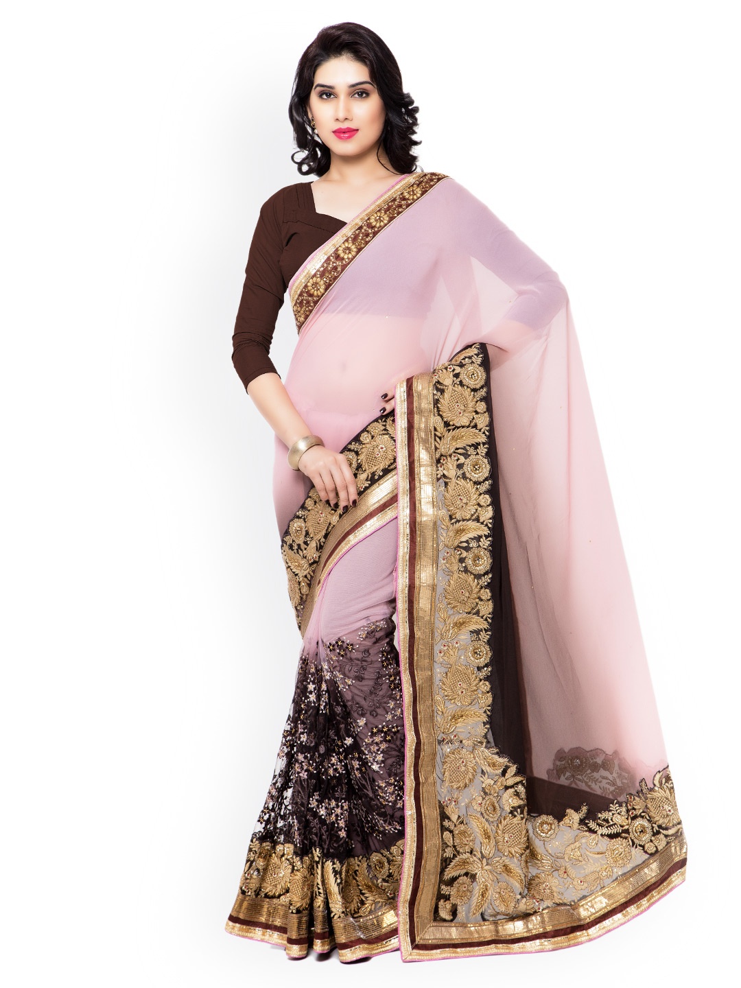 

Kalista Pink & Brown Embroidered Embellished Saree