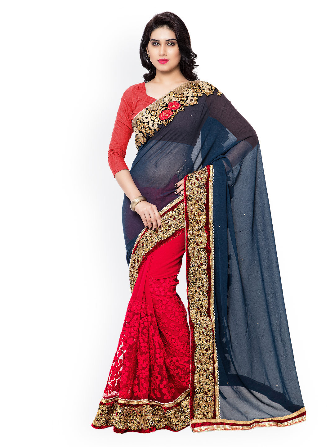 

Kalista Blue & Red Embroidered Embellished Saree