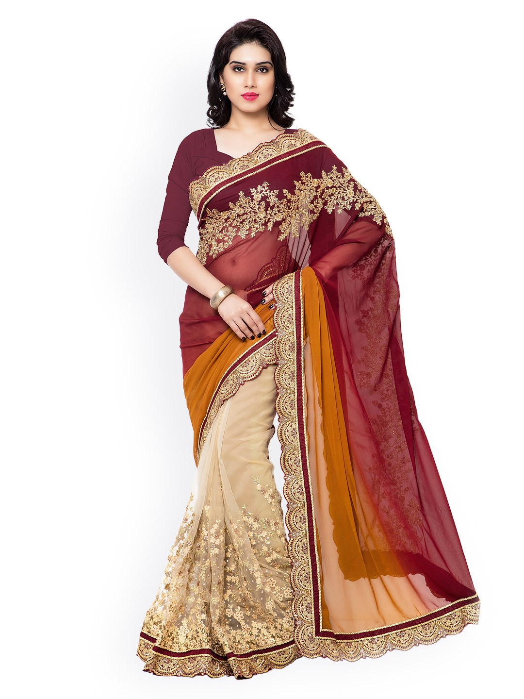 

Kalista Maroon & Beige Embroidered Embellished Saree