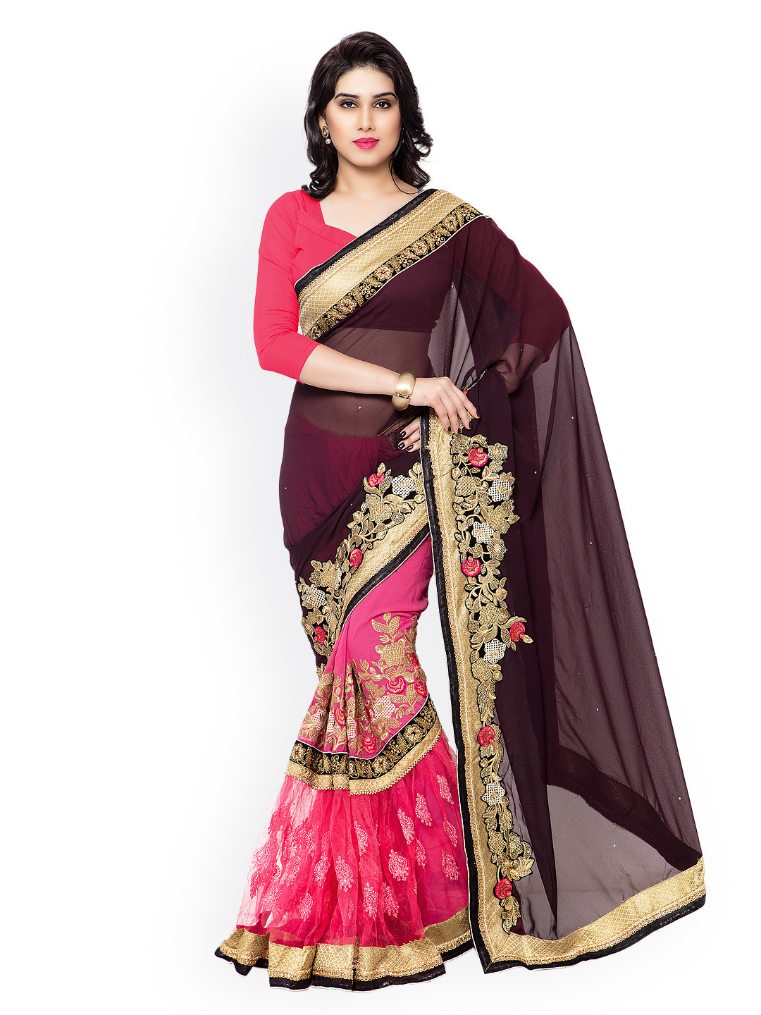 

Kalista Brown & Pink Embroidered Saree